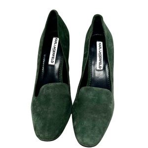 Karl Lagerfeld Green Suede shoes with gold trim heel Size 8 1/2. NWOB